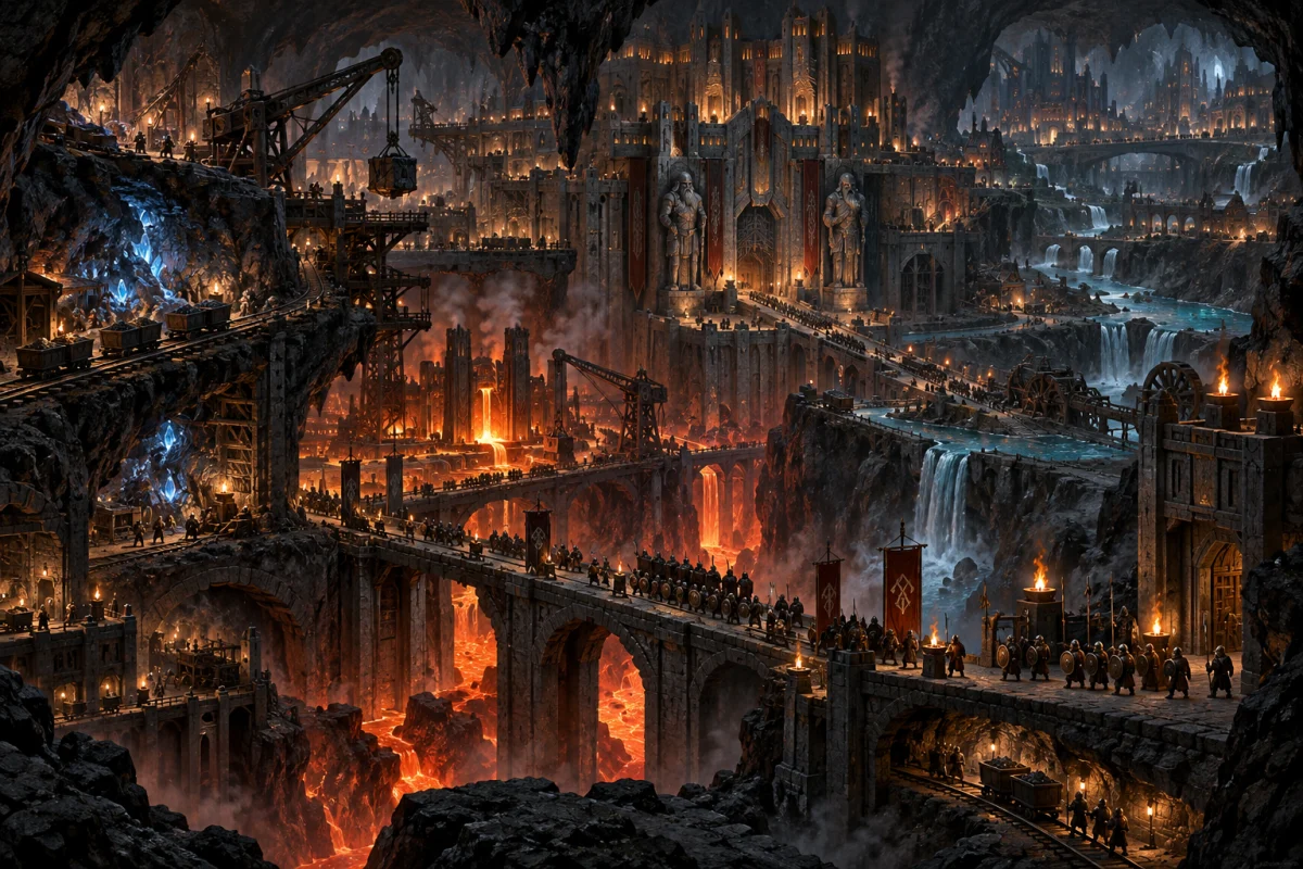 An autonomous dwarven fortress, mines, armies, rivers, and forges fill a vast cavern kingdom.