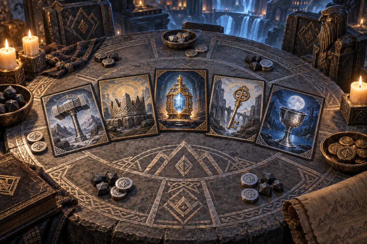 Five illustrated relic cards arranged across a dwarven stone table.