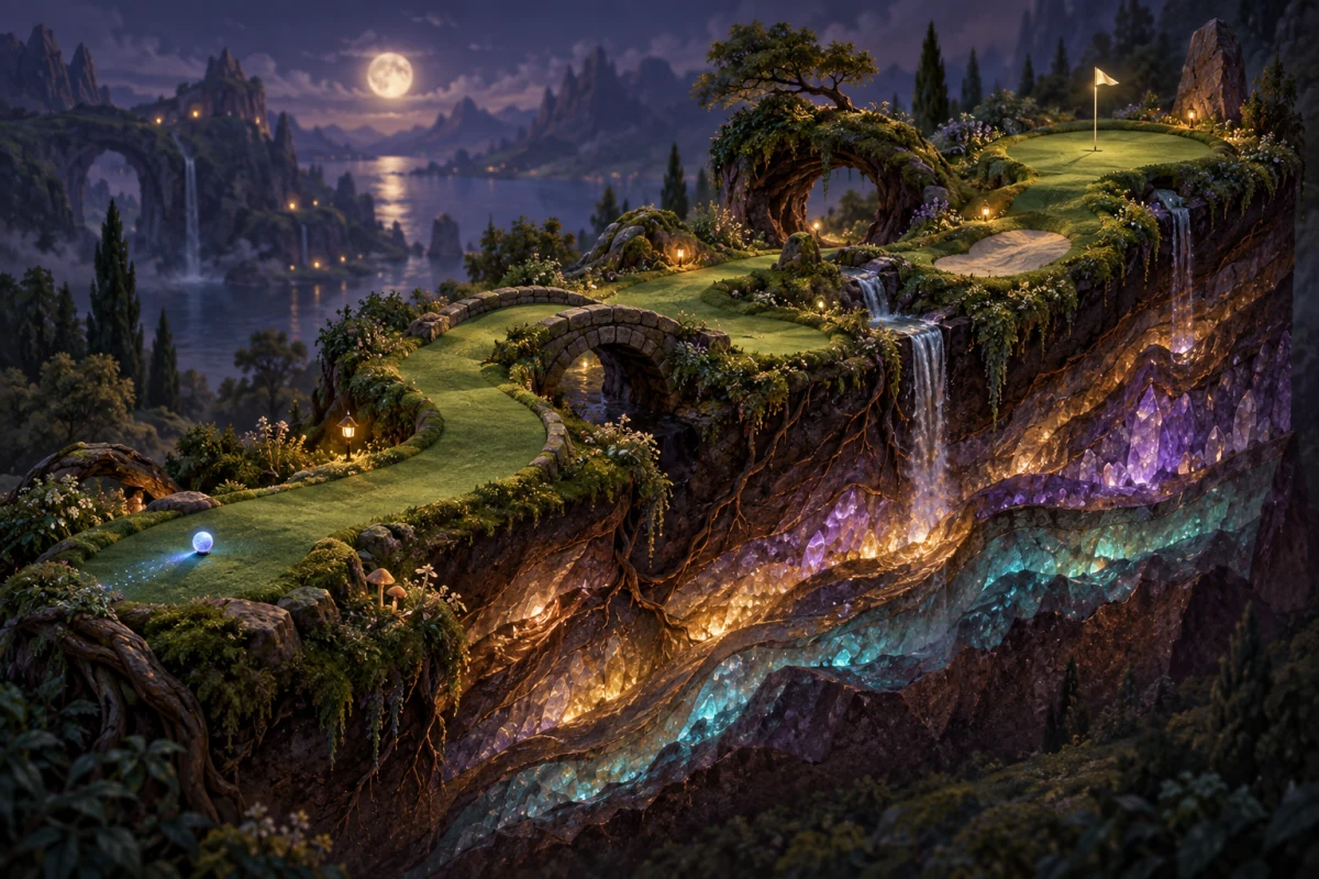 A moonlit adventure-golf course winds across living terrain above glowing crystal layers.