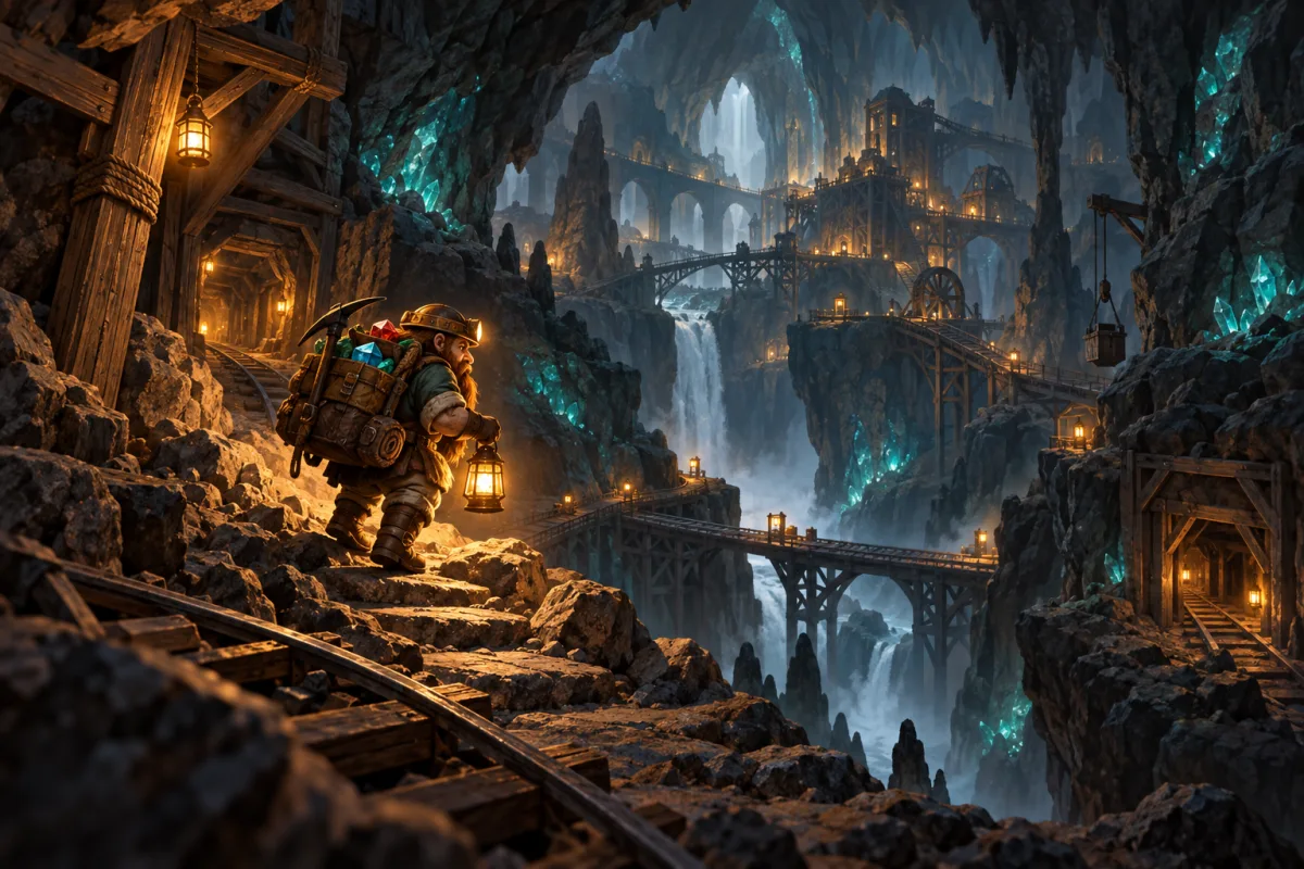 A dwarf explorer carries gems through a lantern-lit crystal cavern.