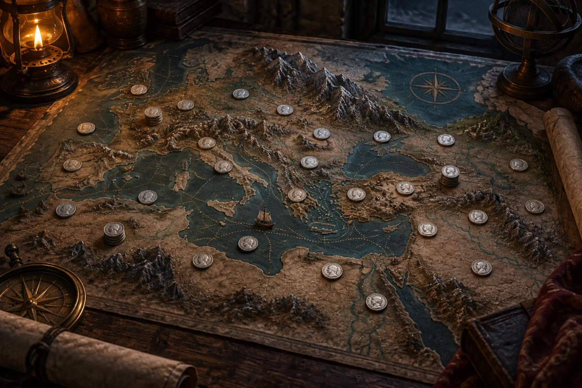 Silver coins mark trade routes across a dark raised historical atlas.